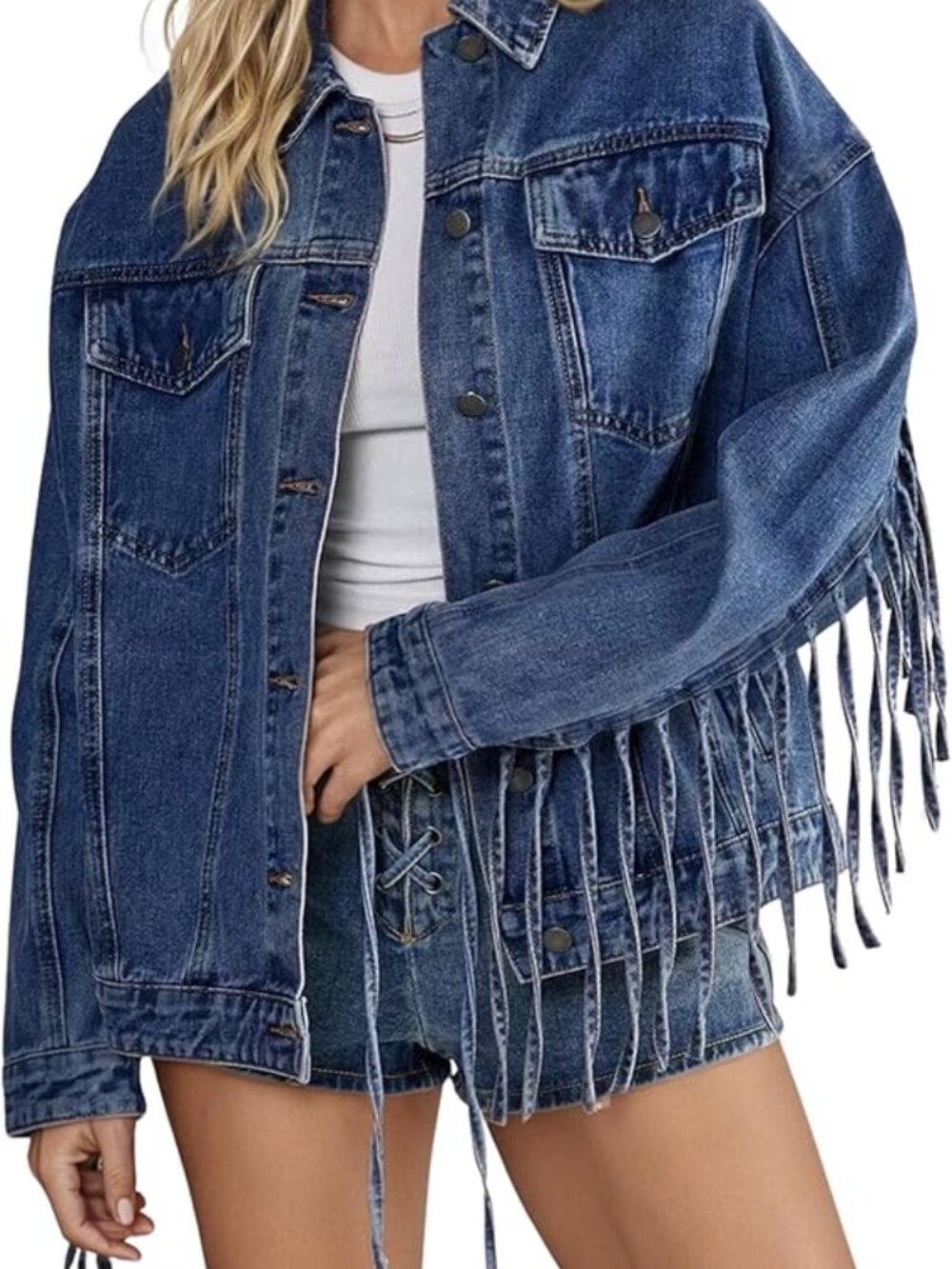 New - Women's Oversized Denim Fringed Jacket Tassel Jean Jackets Cowgirl Western